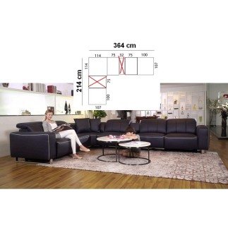 Canapé d'angle relax en cuir de buffle italien luxe avec 2 relax électriques, MONTE CARLO, noire et surpiqure blanche, angle gau