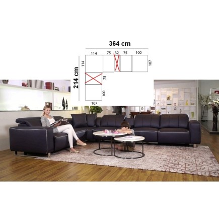 Canapé d'angle relax en cuir de buffle italien luxe avec 2 relax électriques, MONTE CARLO, noire et surpiqure blanche, angle gau