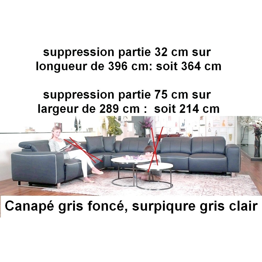 Canapé d'angle cuir buffle italien de luxe avec 2 relax électriques MONTE CARLO gris foncé et surpiqure gris clair, angle gauche