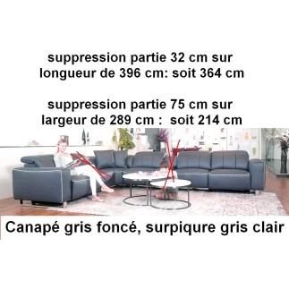 1er paiement Canapé d'angle cuir buffle italien de luxe avec 2 relax électriques MONTE CARLO gris foncé, surpiqure gris clair, a