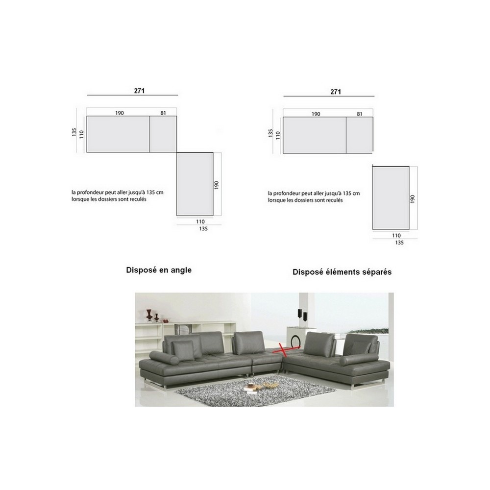 Canapé en cuir buffle italien de luxe PENTHOUSE, sur mesure personnalisé sur demande du client sans le pouf: 2 parties: 271 et 1