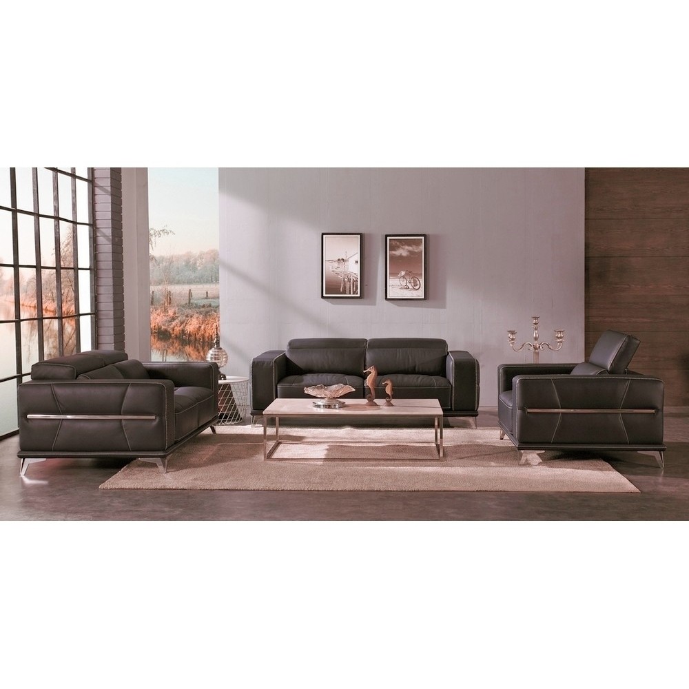 Ensemble Canapé 3 places et 2 places et fauteuil 1 place en cuir italien buffle VEGA, chocolat avec surpiqure blanche