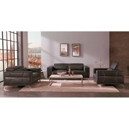 Ensemble Canapé 3 places et 2 places et fauteuil 1 place en cuir italien buffle VEGA, chocolat avec surpiqure blanche