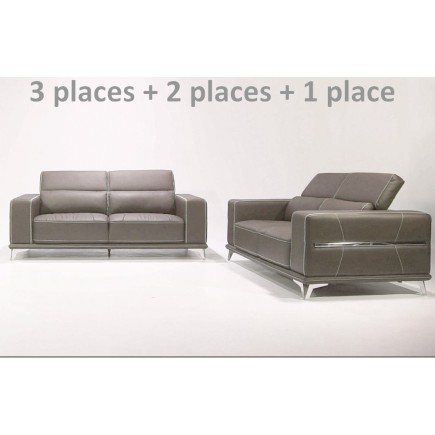 Ensemble Canapé 3 places et 2 places et fauteuil 1 place en cuir italien buffle VEGA, moka avec surpiqure blanche ou au choix
