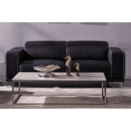 Ensemble Canapé 3 places et 2 places en cuir italien buffle VEGA, noir avec surpiqure blanche