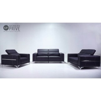 Ensemble Canapé 3 places et 2 places et fauteuil 1 place en cuir italien buffle VEGA, noir avec surpiqure blanche