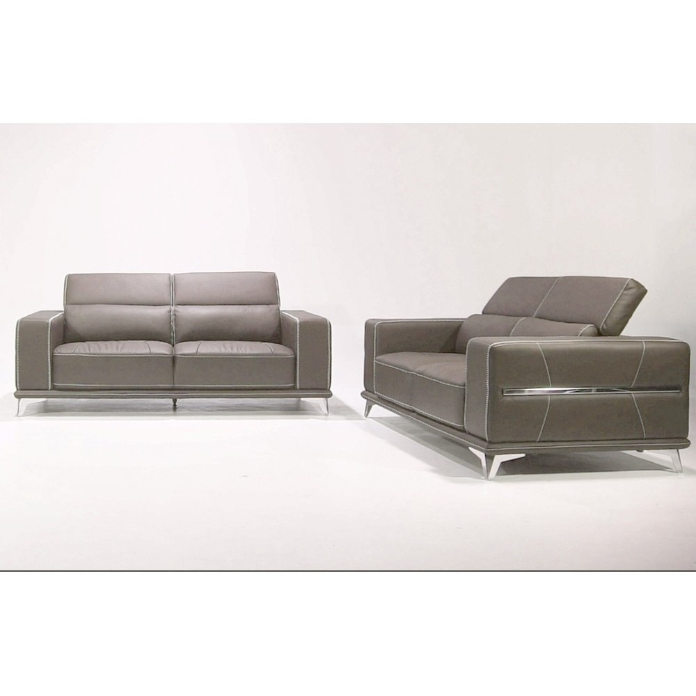 Ensemble Canapé 3 places et 2 places en cuir italien buffle VEGA, moka avec surpiqure blanche