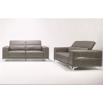 Ensemble Canapé 3 places et 2 places en cuir italien buffle VEGA, moka avec surpiqure blanche