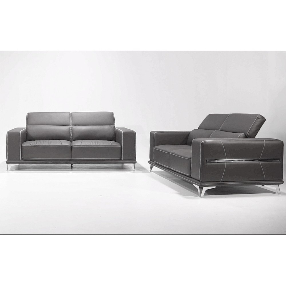 Ensemble Canapé 3 places et 2 places en cuir italien buffle VEGA, gris foncé avec surpiqure blanche