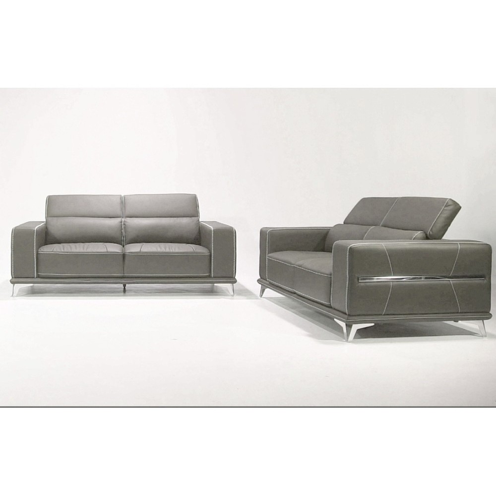 Ensemble Canapé 3 places et 2 places en cuir italien buffle VEGA, gris foncé avec surpiqure blanche
