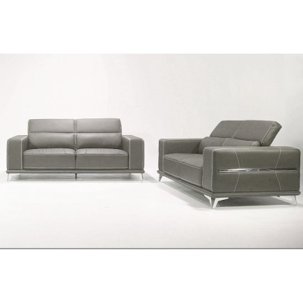 Ensemble Canapé 3 places et 2 places en cuir italien buffle VEGA, gris foncé avec surpiqure blanche