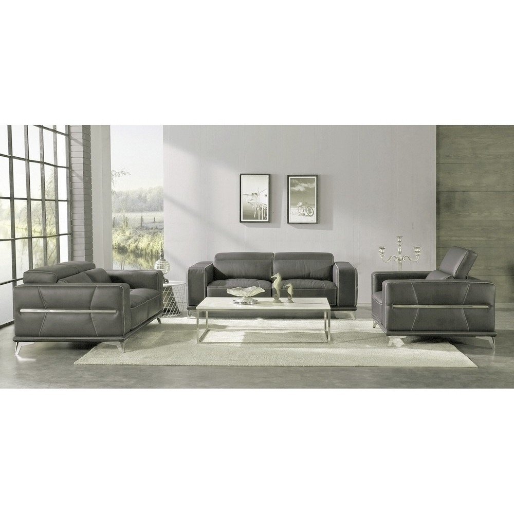 Ensemble Canapé 3 places et 2 places et fauteuil 1 place en cuir italien buffle VEGA, gris foncé avec surpiqure gris clair