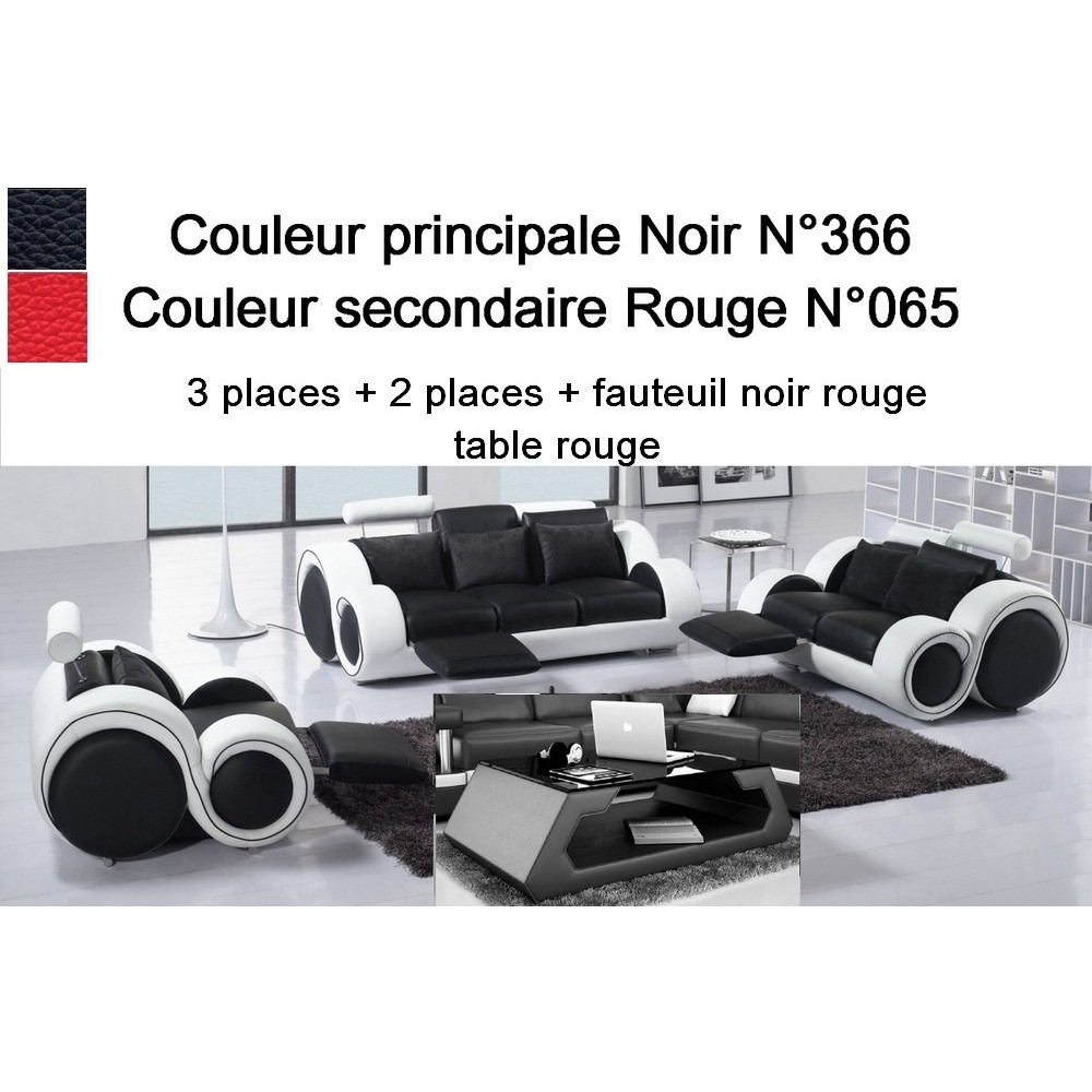 1er paiement Ensemble DESIGNA IV cuir haut de gamme italien composé d'un canapé 3 places, d'un 2 places et d'un fauteuil, Noir N
