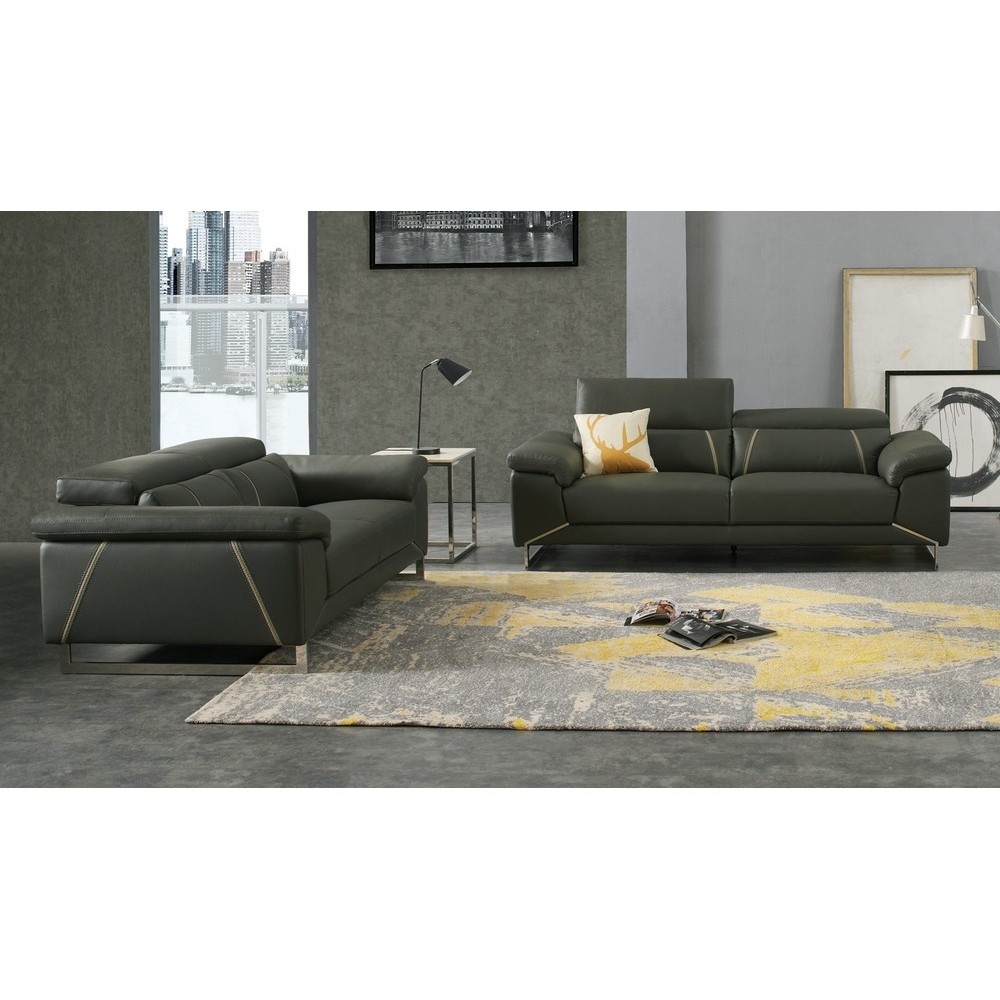 Ensemble Ensemble canapé 3 places et 2 places en cuir italien buffle GRANTI, couleur gris foncé et liseret gris clair