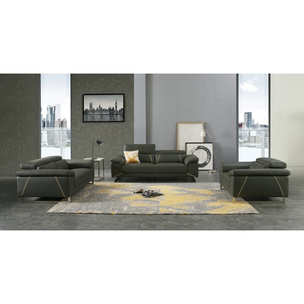 Ensemble Ensemble canapé 3 places et 2 places et fauteuil en cuir italien buffle GRANTI, couleur gris foncé et liseret gris clai