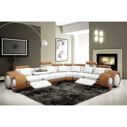 Canapé d'angle en cuir italien 5/6 places PETIT EXCELIA, blanc et marron, angle droit