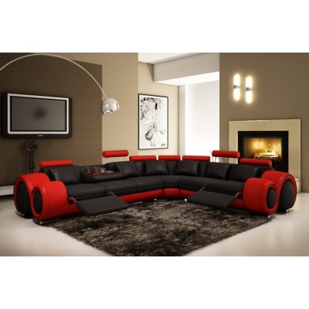 Canapé d'angle verona grand modèle 7 places en cuir haut de gamme italien couleur principale noir n°366 et secondaire rouge n°06
