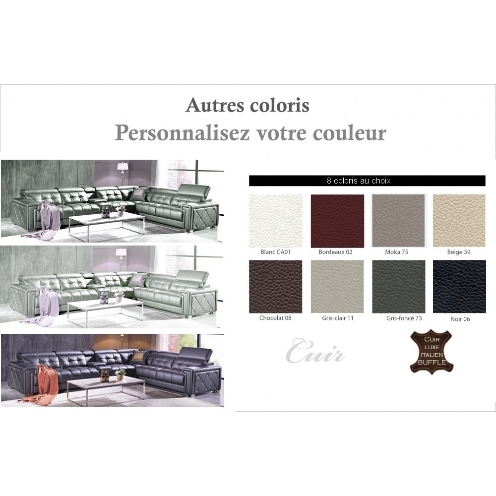 1er paiement de la commande : Canapé d'angle en cuir de buffle italien de luxe, 6/7 places, prestigia, couleur blanche, angle dr