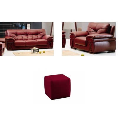 solde de paiement: Canapé 3 pièces et fauteuil 1 place Oxford en cuir luxe italien vachette bordeaux, et un pouf carré en cuir b
