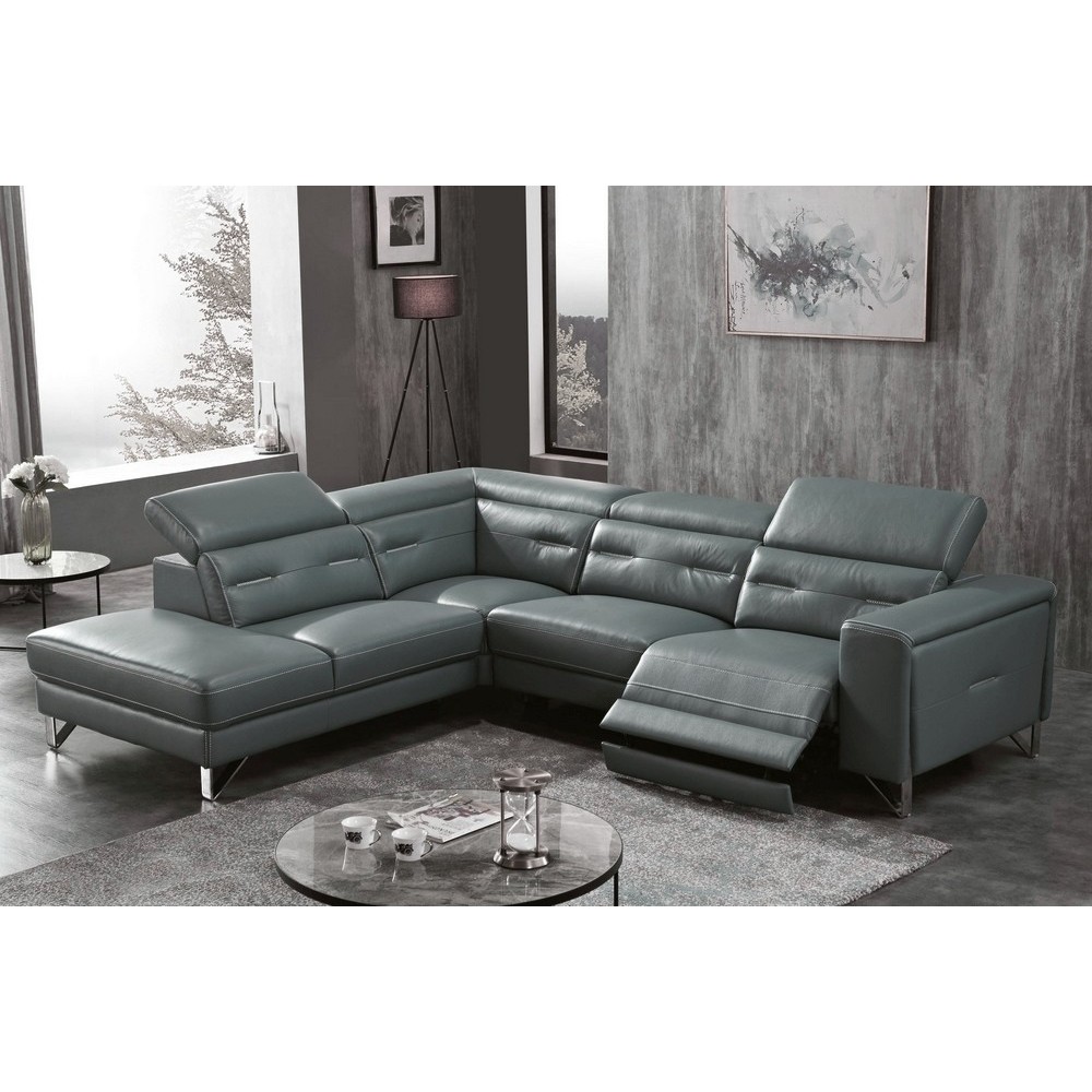 Canapé d'angle avec un relax électrique en cuir de buffle italien de luxe 6 places REVOLAX gris foncé, angle gauche, POUF OFFERT