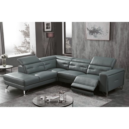 Canapé d'angle avec un relax électrique en cuir de buffle italien de luxe 6 places REVOLAX gris foncé, angle gauche, POUF OFFERT
