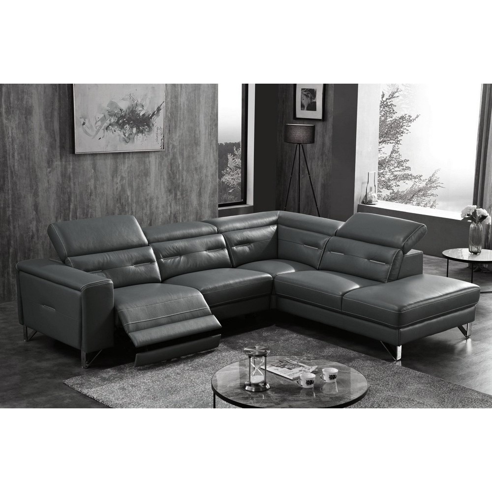 Canapé d'angle avec un relax électrique en cuir de buffle italien de luxe 6 places REVOLAX noir, angle droit, POUF OFFERT