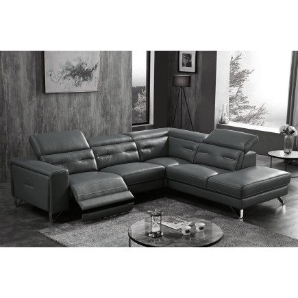 Canapé d'angle avec un relax électrique en cuir de buffle italien de luxe 6 places REVOLAX noir, angle droit, POUF OFFERT