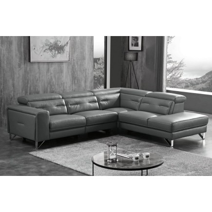 Canapé d'angle avec un relax électrique en cuir de buffle italien de luxe 6 places REVOLAX noir, angle droit, POUF OFFERT