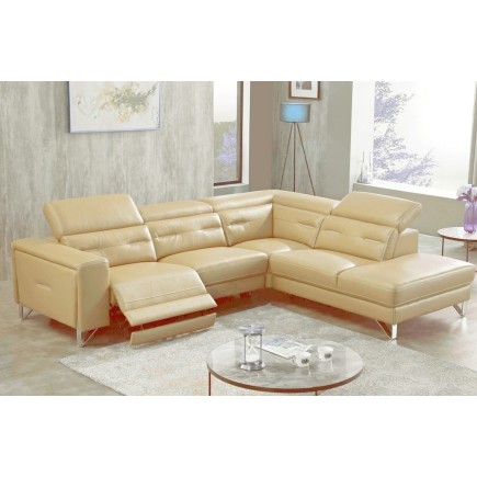 Canapé d'angle avec un relax électrique en cuir de buffle italien de luxe 6 places REVOLAX beige, angle droit, POUF OFFERT