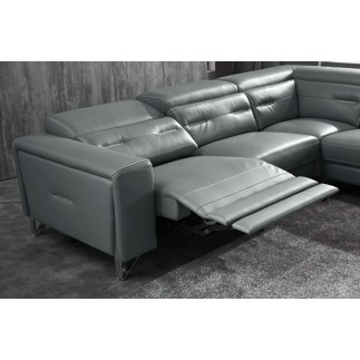 Canapé d'angle avec un relax électrique en cuir de buffle italien de luxe 6 places REVOLAX gris foncé, angle droit, POUF OFFERT
