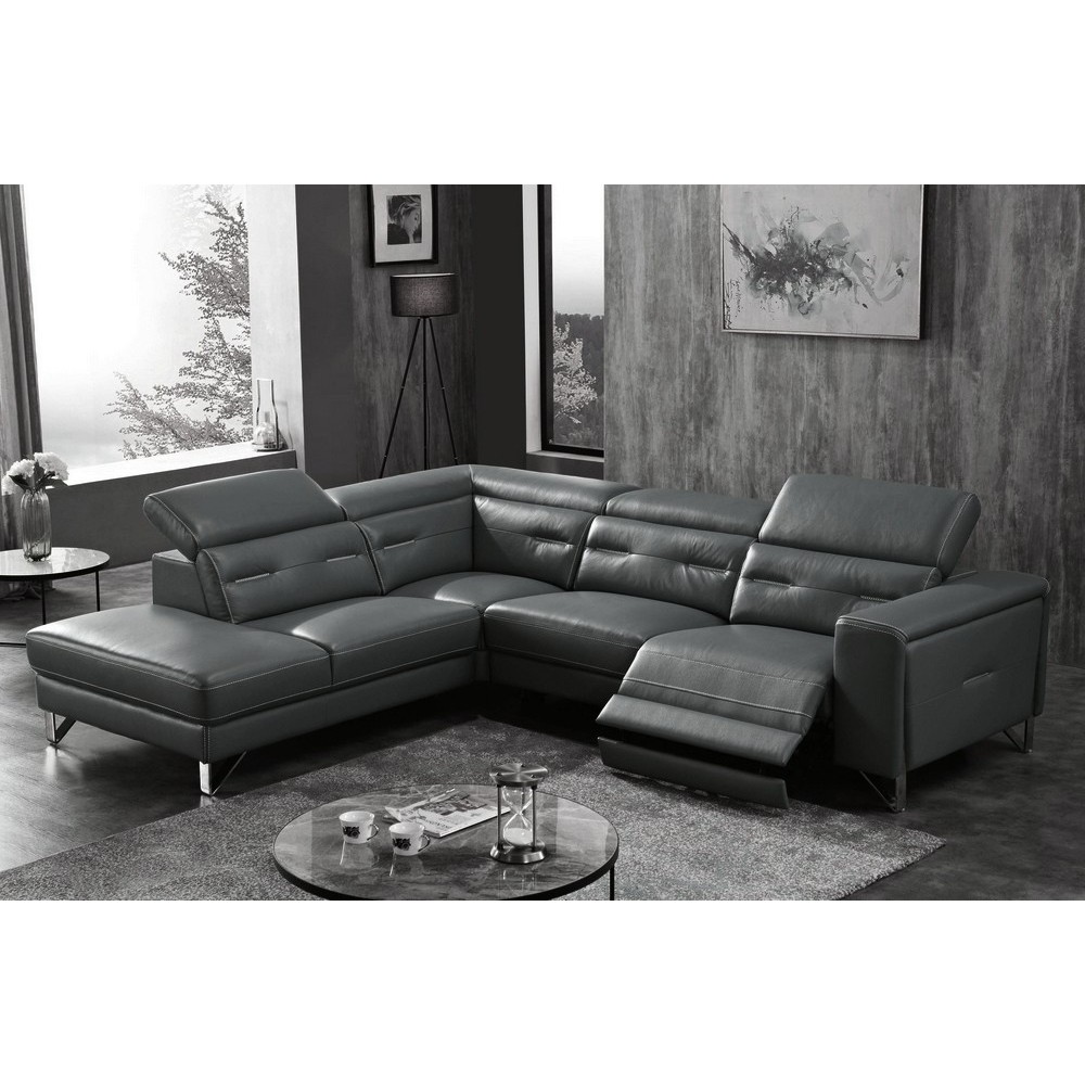 -Canapé d'angle avec un relax électrique en cuir de buffle italien de luxe 6 places REVOLAX noir, angle gauche, POUF OFFERT -