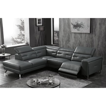 -Canapé d'angle avec un relax électrique en cuir de buffle italien de luxe 6 places REVOLAX noir, angle gauche, POUF OFFERT -