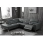 -Canapé d'angle avec un relax électrique en cuir de buffle italien de luxe 6 places REVOLAX noir, angle gauche, POUF OFFERT -