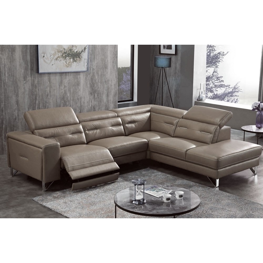 Canapé d'angle avec un relax électrique en cuir de buffle italien de luxe 6 places REVOLAX moka, angle droit, POUF OFFERT