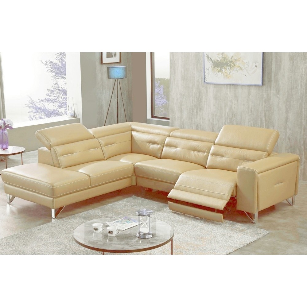 Canapé d'angle avec un relax électrique en cuir de buffle italien de luxe 6 places REVOLAX beige, angle gauche, POUF OFFERT