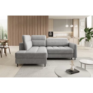 Canapé d'angle convertible en velours gris luxe 3 places BARTOLI, angle gauche (vu de face)