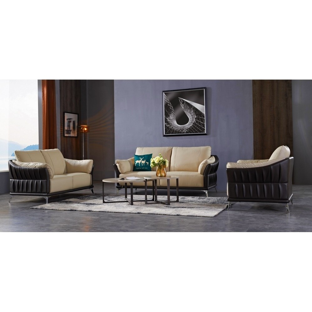 Ensemble Ensemble canapé 3 places et 2 places et fauteuil en cuir italien buffle DUBLIN, couleur beige et liseret chocolat