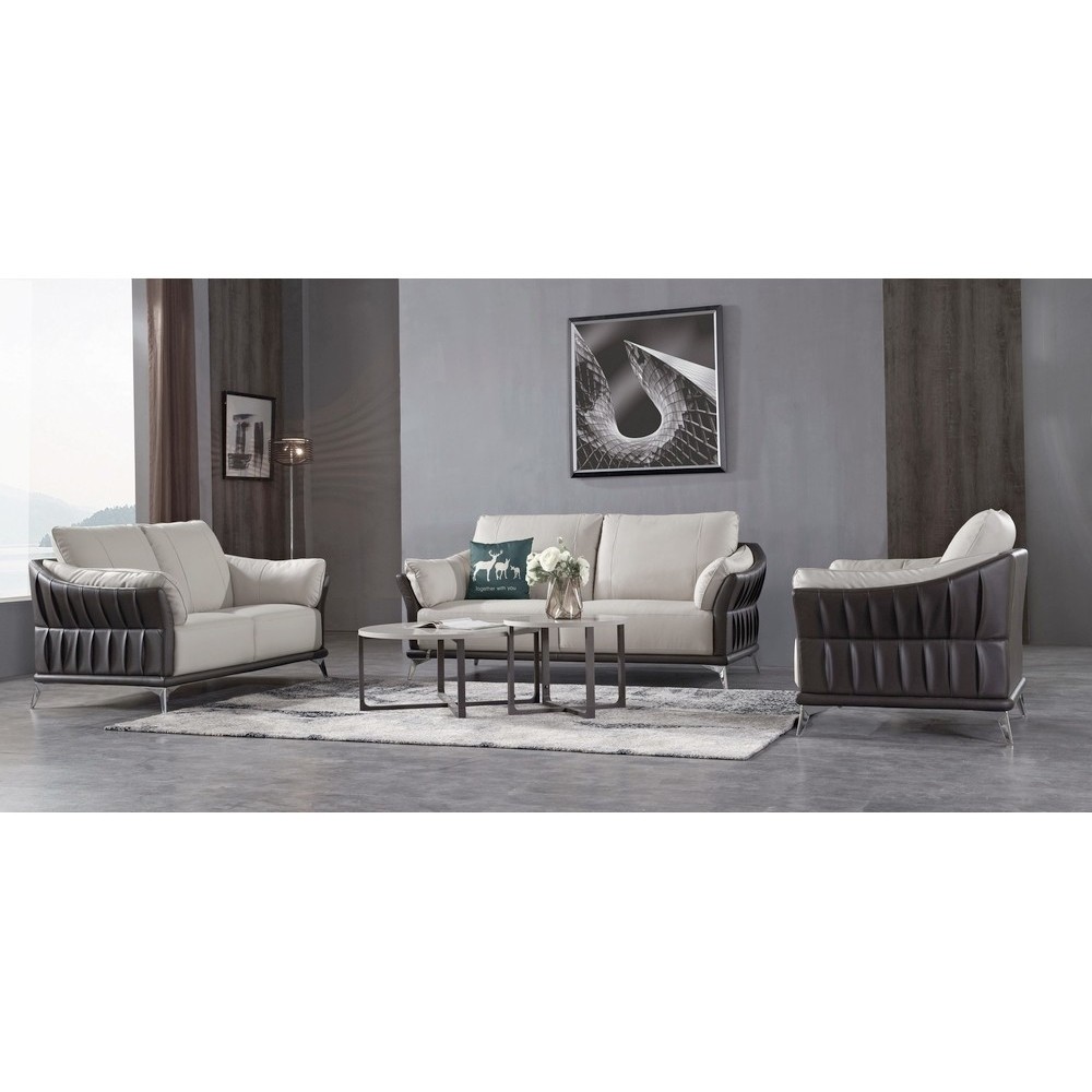 Ensemble Ensemble canapé 3 places et 2 places et fauteuil en cuir italien buffle DUBLIN, couleur blanc cassé et liseret noir