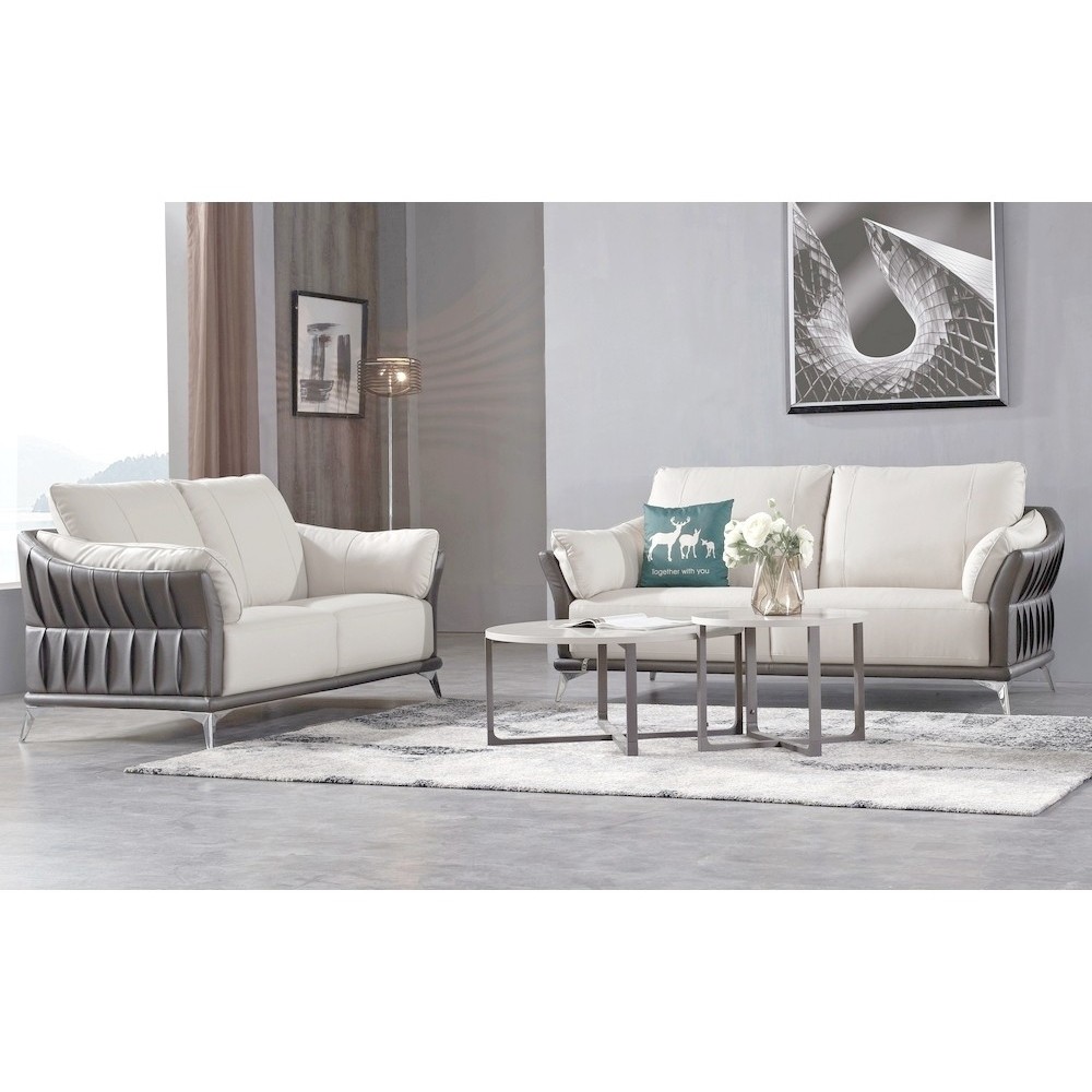 Ensemble canapé 3 places et 2 places en cuir italien buffle DUBLIN, couleur Blanc et liseret gris foncé