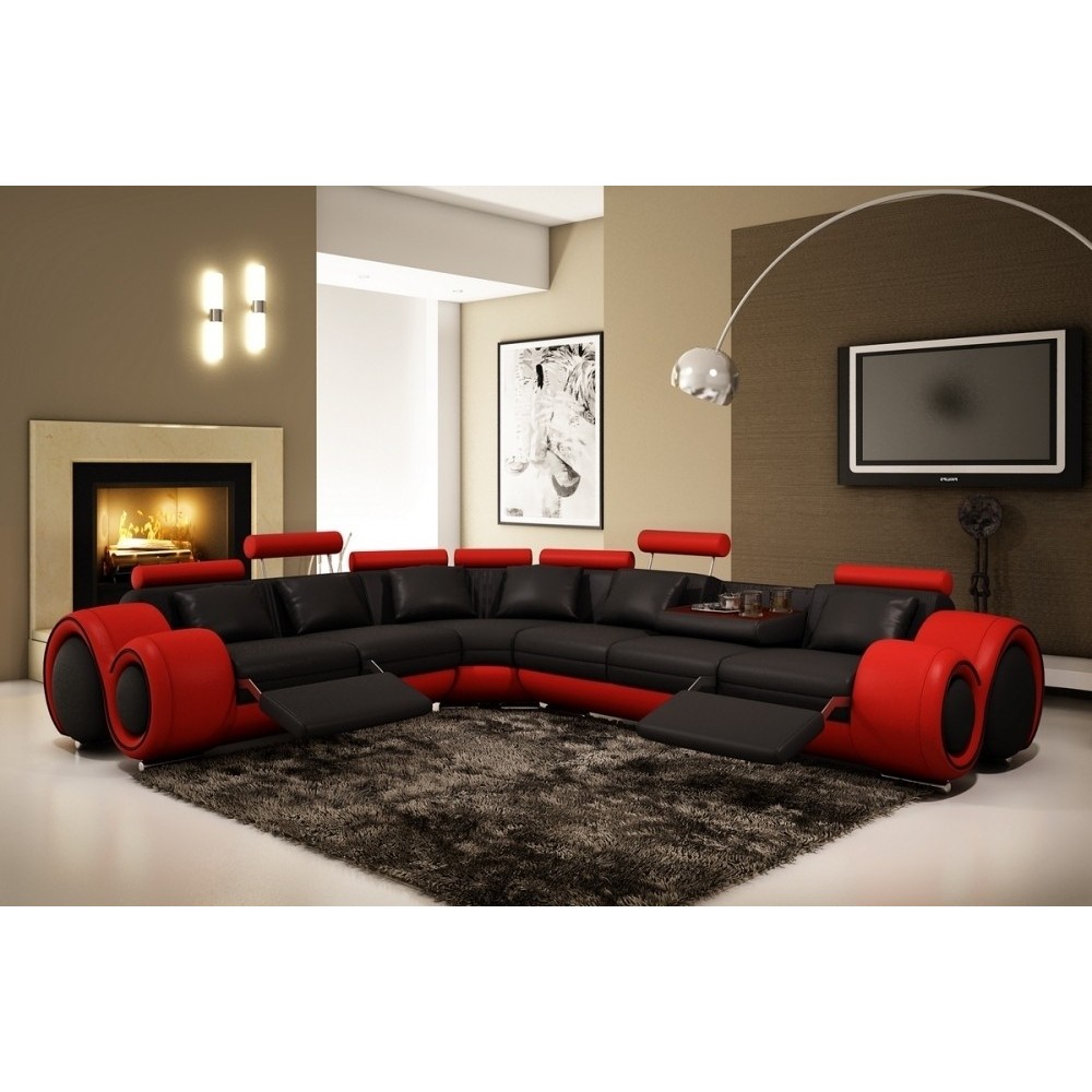 Canapé d'angle en cuir italien : 5/6 places PETIT EXCELIA, noir et rouge, angle gauche