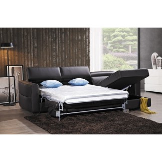 Canapé d'angle convertible en cuir de buffle italien de luxe 5 places ANTHONY, noir et surpiqure blanche, angle droit.
