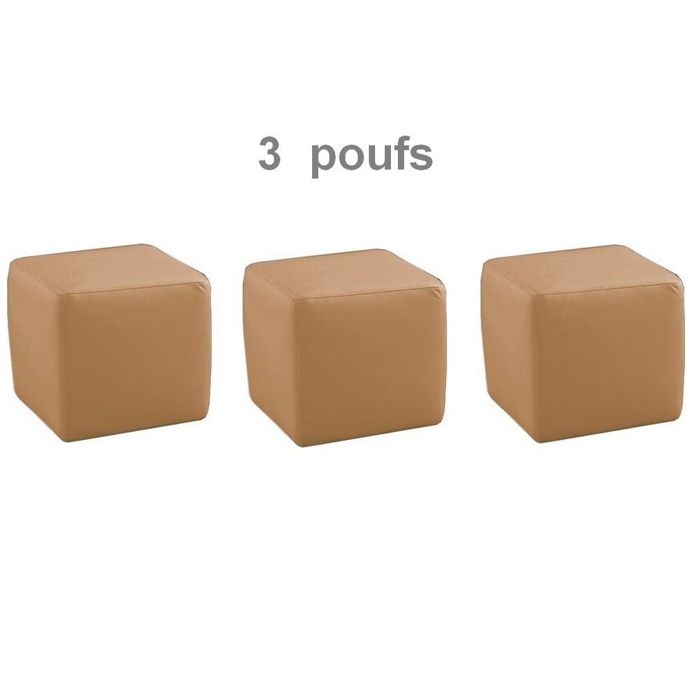 Ensemble de 3 poufs carré en cuir, beige