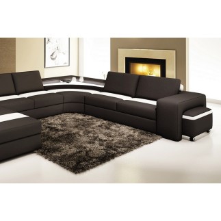 Canapé d'angle PROVENCE en cuir haut de gamme italien vachette, noir et blanc, table offerte, et grande banquette, angle droit