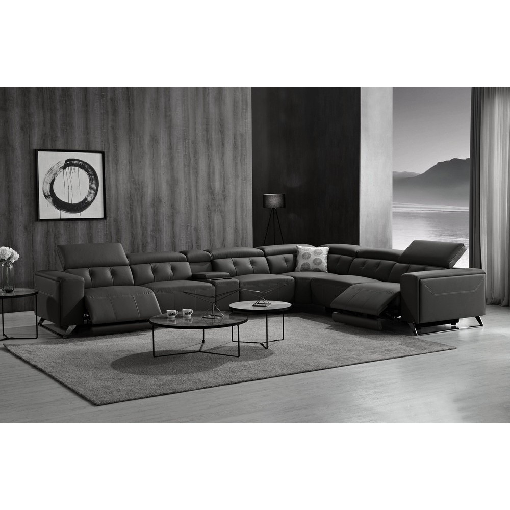 Canapé d'angle avec 2 relax électriques en cuir de buffle italien de luxe, 8 places MONACO, POUF OFFERT, noir, angle droit