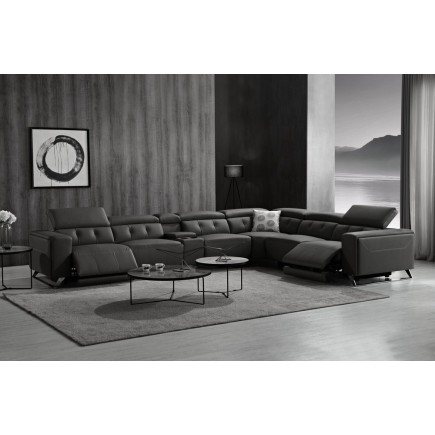 Canapé d'angle avec 2 relax électriques en cuir de buffle italien de luxe, 8 places MONACO, POUF OFFERT, noir, angle droit
