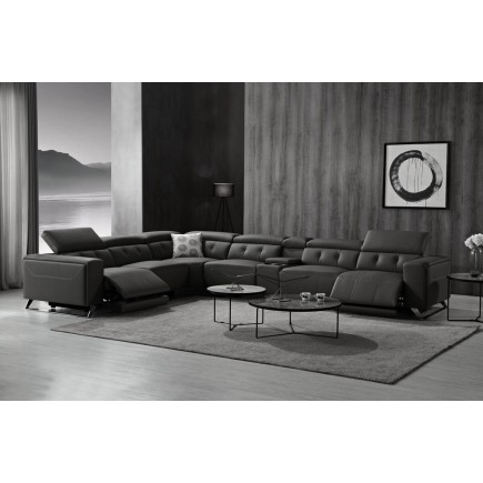 Canapé d'angle avec 2 relax électriques en cuir de buffle italien de luxe, 8 places MONACO, POUF OFFERT, noir, angle gauche