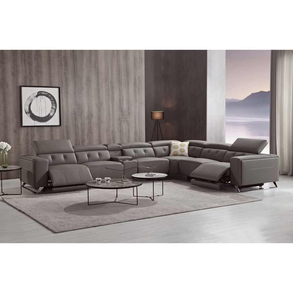 Canapé d'angle avec 2 relax électriques en cuir de buffle italien de luxe, 8 places MONACO, POUF OFFERT, moka, angle droit