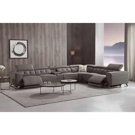 Canapé d'angle avec 2 relax électriques en cuir de buffle italien de luxe, 8 places MONACO, POUF OFFERT, moka, angle droit