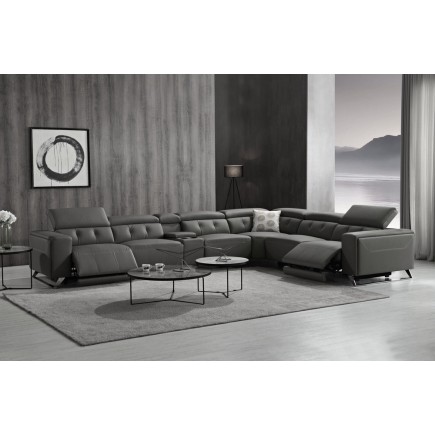 Canapé d'angle avec 2 relax électriques en cuir de buffle italien de luxe, 8 places MONACO, POUF OFFERT, gris foncé, angle droit