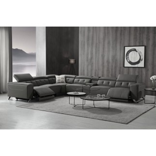 Canapé d'angle avec 2 relax électriques en cuir de buffle italien de luxe, 8 places MONACO, POUF OFFERT, gris foncé, angle gauch